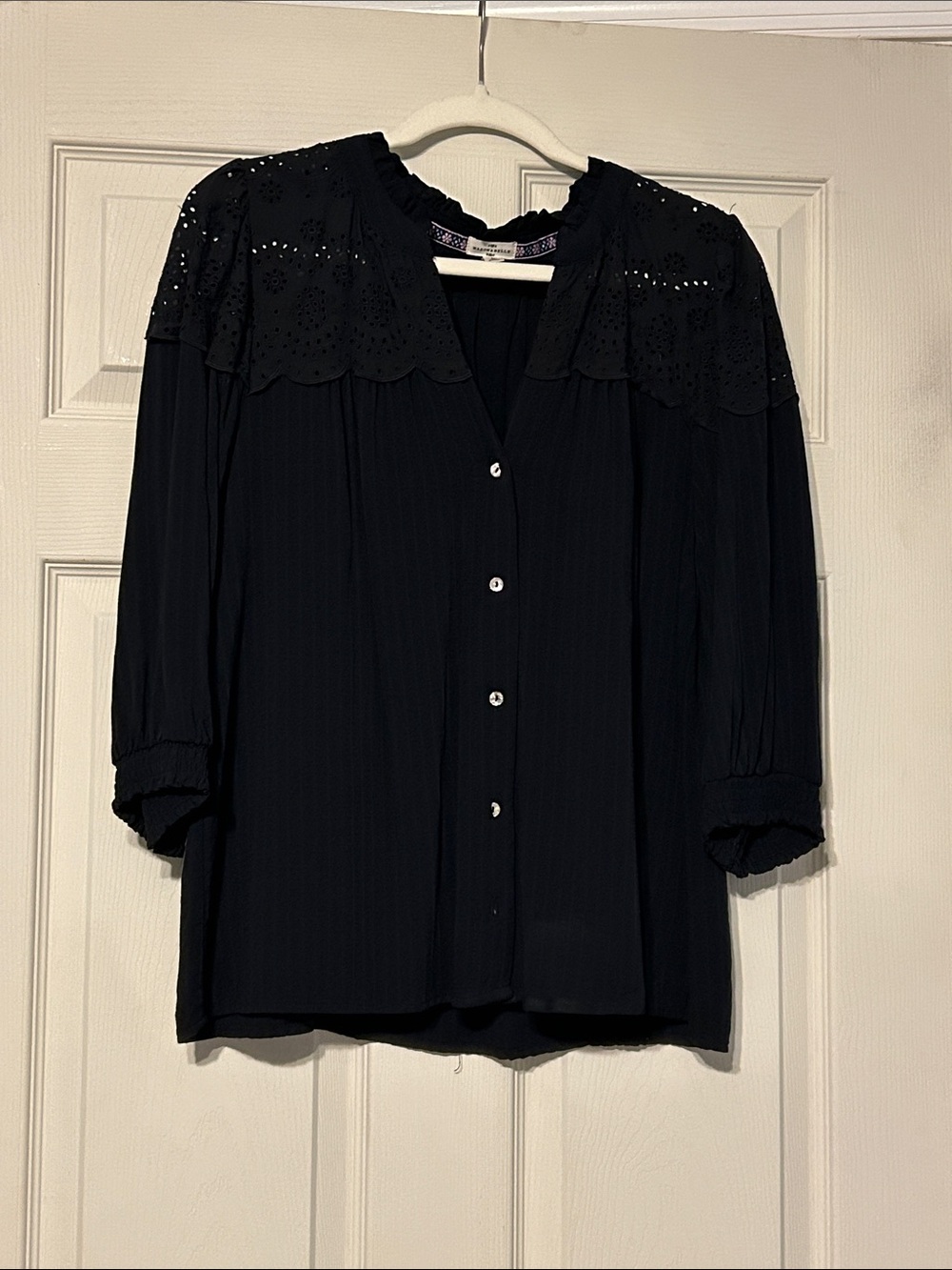 Stitch Fix Black Eyelet Yoke Button-Front Women's Top